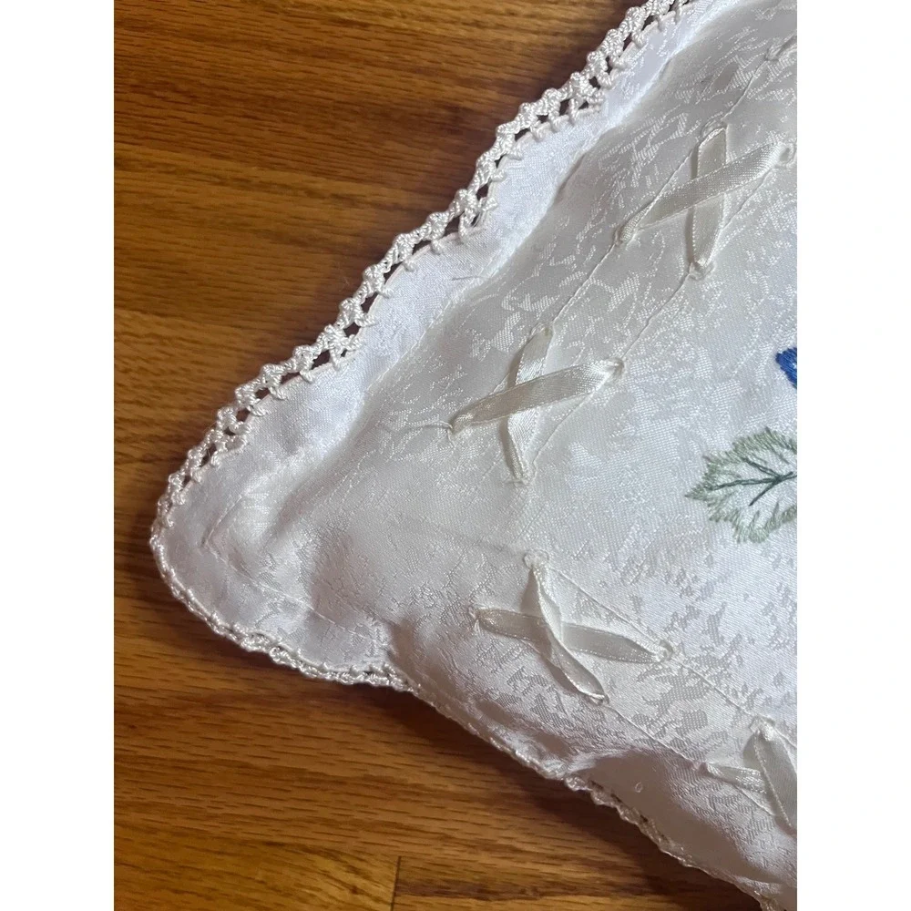Vintage White Satin Throw Pillow Blue Floral Embroidery Lace Trim Ribbon Detail